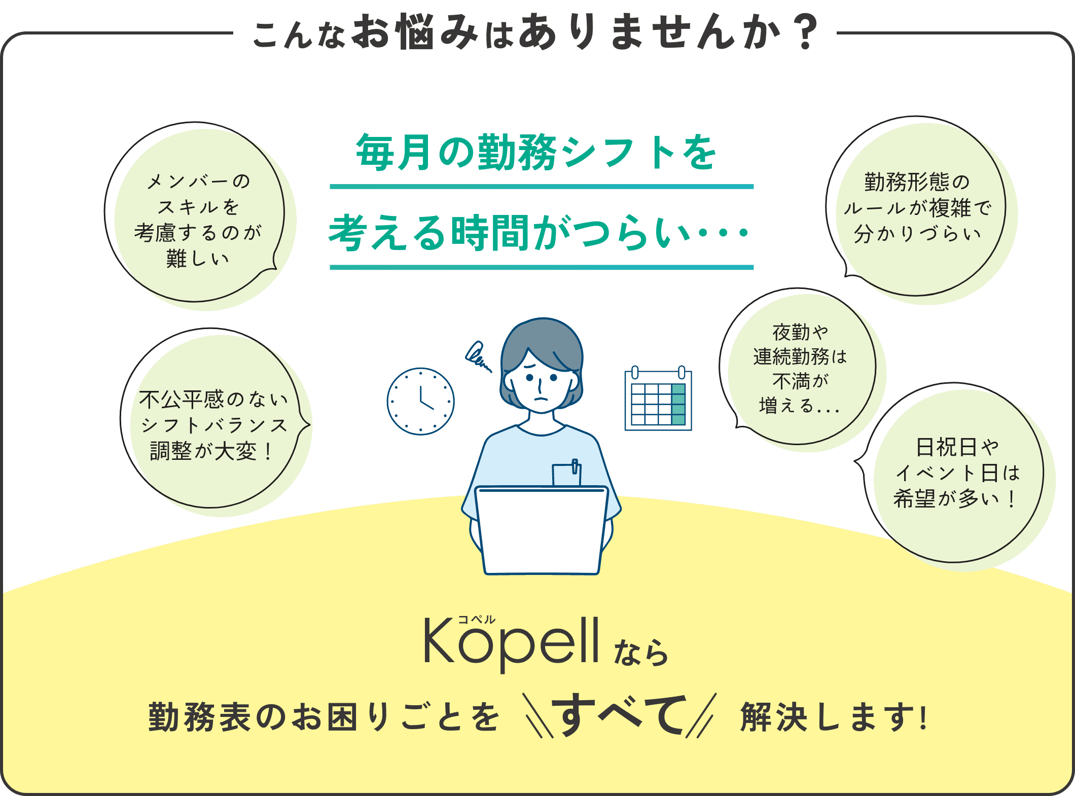 毎月の勤務シフトを考える時間がつらい…そんなお悩みをKopellコペルが全て解決します!